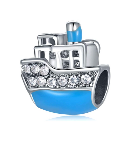 Blue Cruise Ship with Crystals Charm Bead