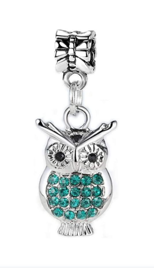 Dangle Turquoise Green Crystal Owl Charm