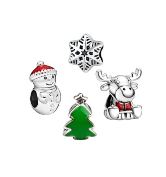 Set of 4 Christmas/Winter Themed #2 Snowman/Snowflake/Reindeer/Tree Charm Beads