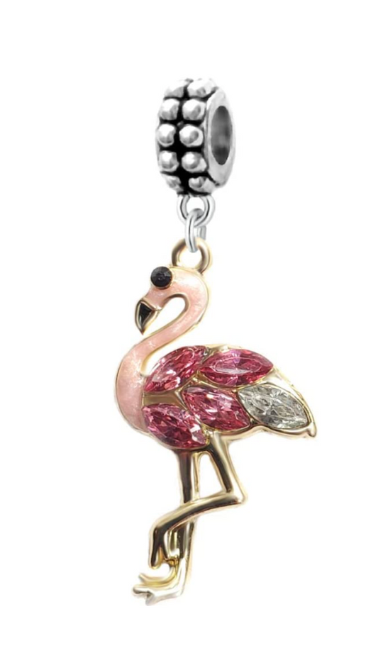 Dangle Crystal Pink Flamingo Bird Charm Bead